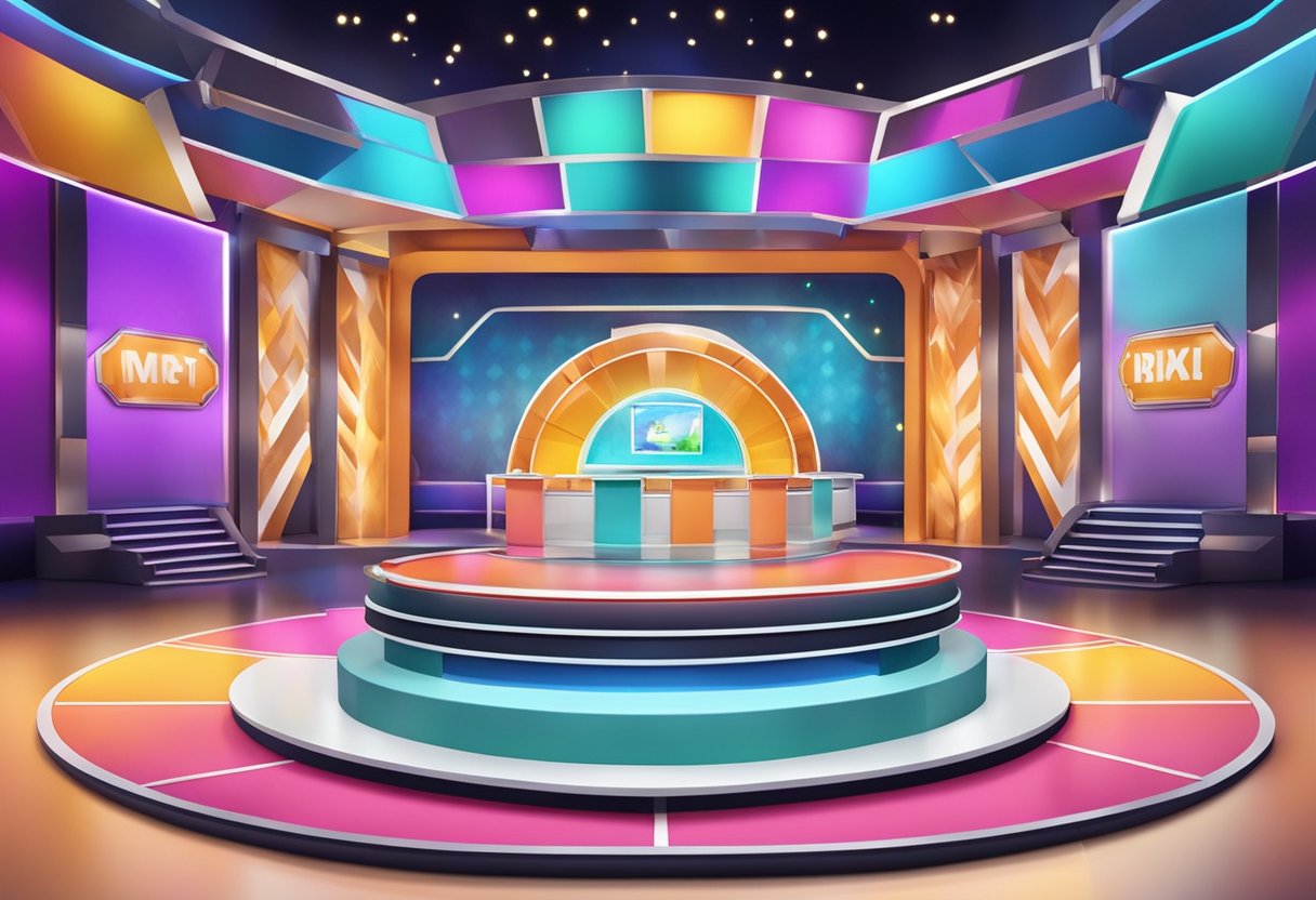 A TV studio set with colorful and dynamic stage designs, including innovative game show props and interactive audience seating