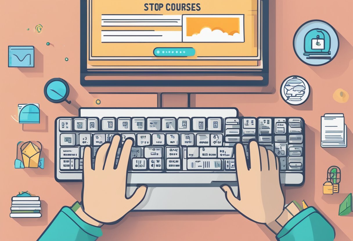 A person's hand typing on a keyboard while a computer screen displays the message "Stop buying online courses. Use Chat GPT to learn effectively."