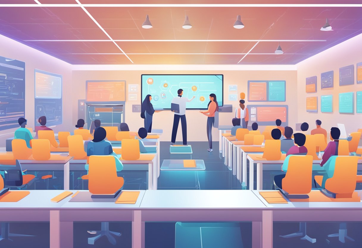 A futuristic classroom with AI technology. Chat GPT teaches, replacing online courses