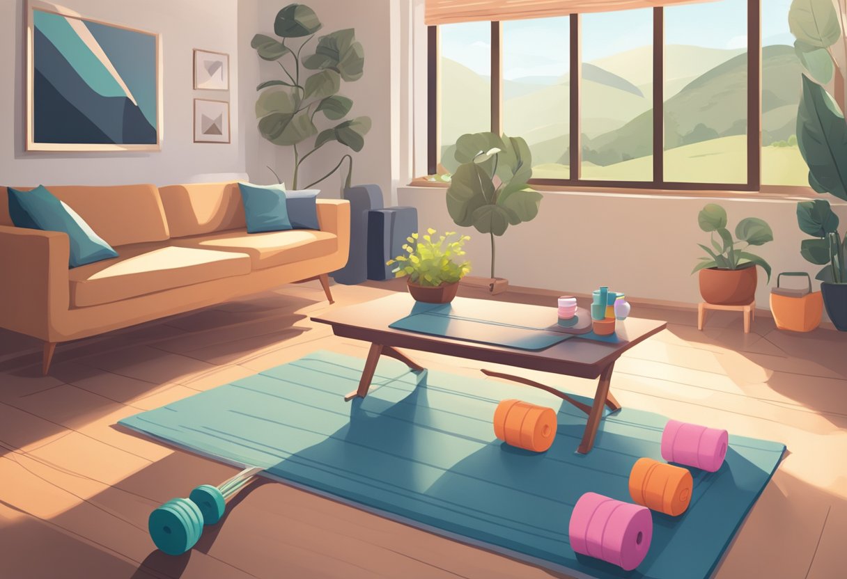 Scene: A cozy living room with a yoga mat, resistance bands, and hand weights laid out. A senior-friendly exercise guide is open on a table. Sunlight streams in through the window