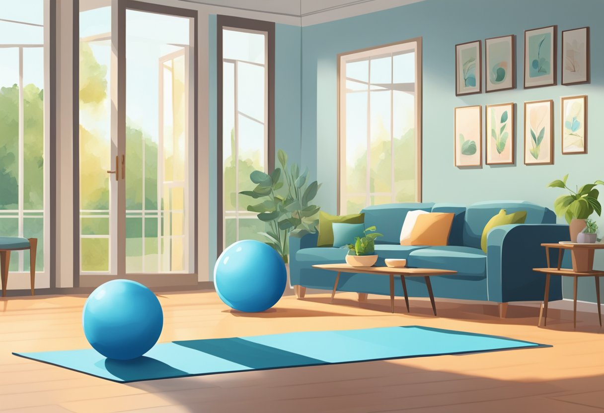 A serene living room with a yoga mat and exercise ball. A senior-friendly exercise guide open on a table. Soft natural light filtering through the window