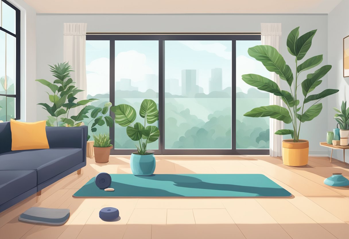 A bright, spacious living room with a yoga mat, resistance bands, and hand weights. A large window lets in natural light, and a potted plant adds a touch of greenery