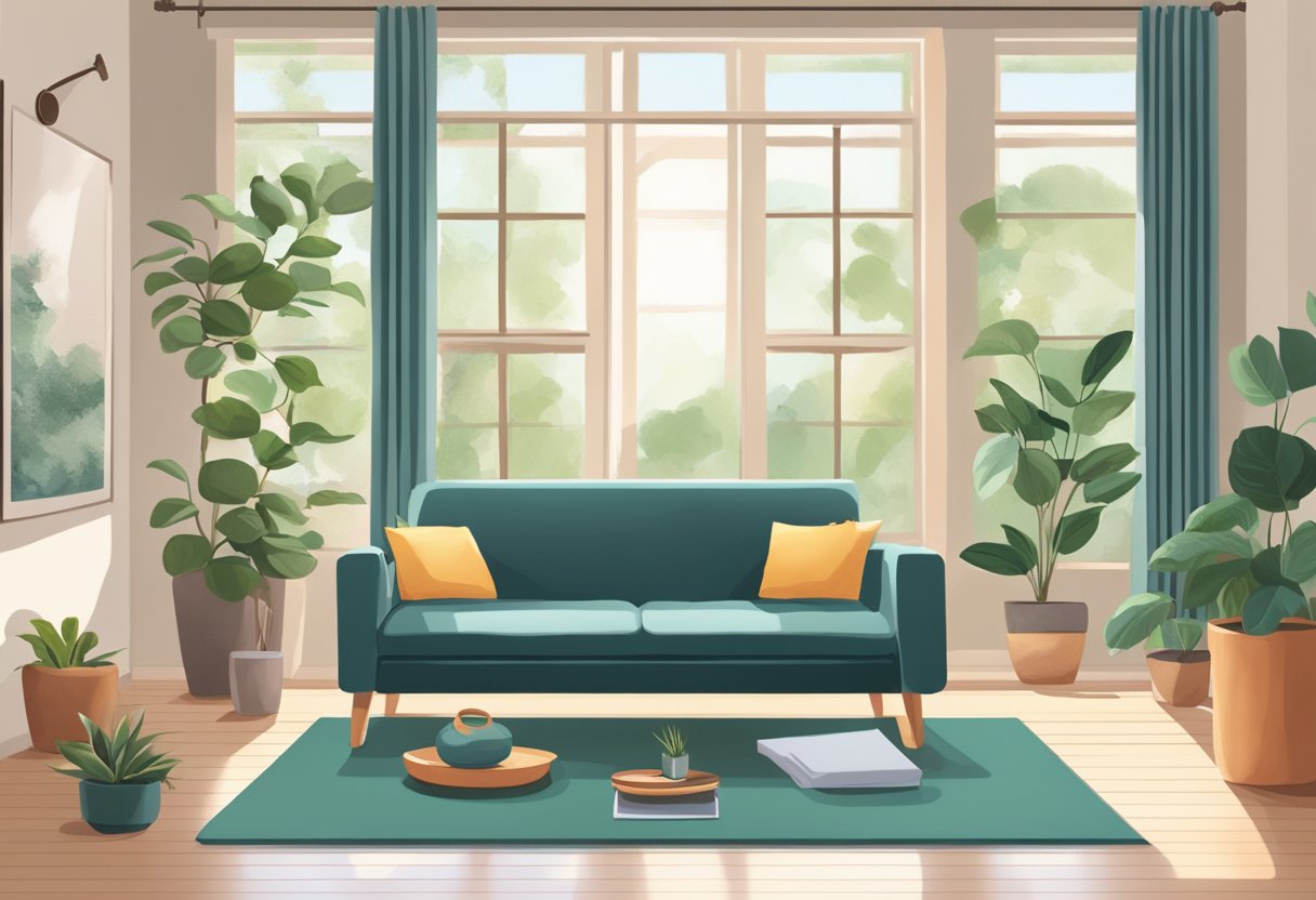 A cozy living room with a yoga mat, resistance bands, and hand weights. A large window lets in natural light, and a potted plant adds a touch of greenery