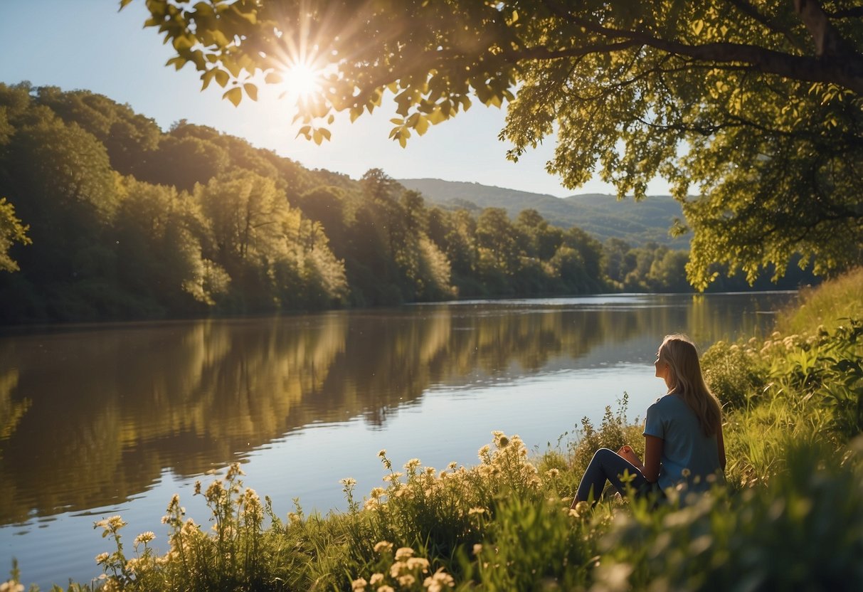 A person sitting by a tranquil river, surrounded by lush greenery and colorful flowers. The sun is shining, birds are chirping, and a gentle breeze rustles the leaves