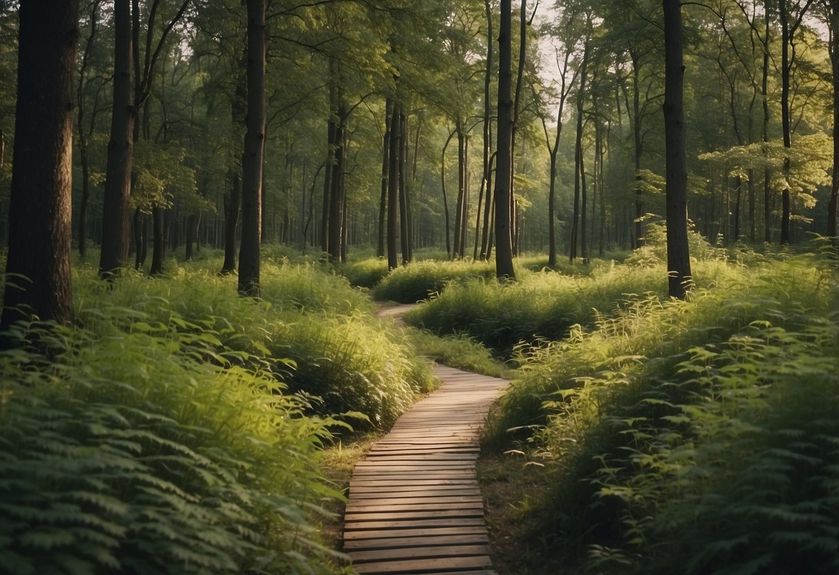 Lush forest with winding paths, a tranquil lake, and diverse wildlife in Varnių Regional Park