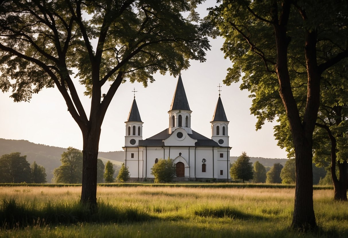 The Varniai Church of the Assumption of the Blessed Virgin Mary, with its grand facade and towering spires, stands amidst a peaceful countryside setting, surrounded by lush greenery and a serene atmosphere