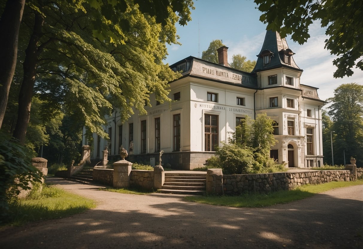 The Varniai Žemaitė Museum, a quaint building nestled among lush green trees, with a sign welcoming visitors. A charming display of traditional Žemaitė culture and history awaits inside