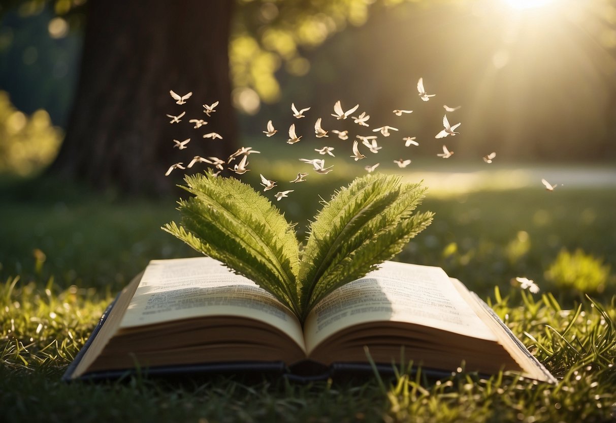 Reading in nature benefits: Open book on grass, surrounded by trees and birds, with sunlight streaming through leaves