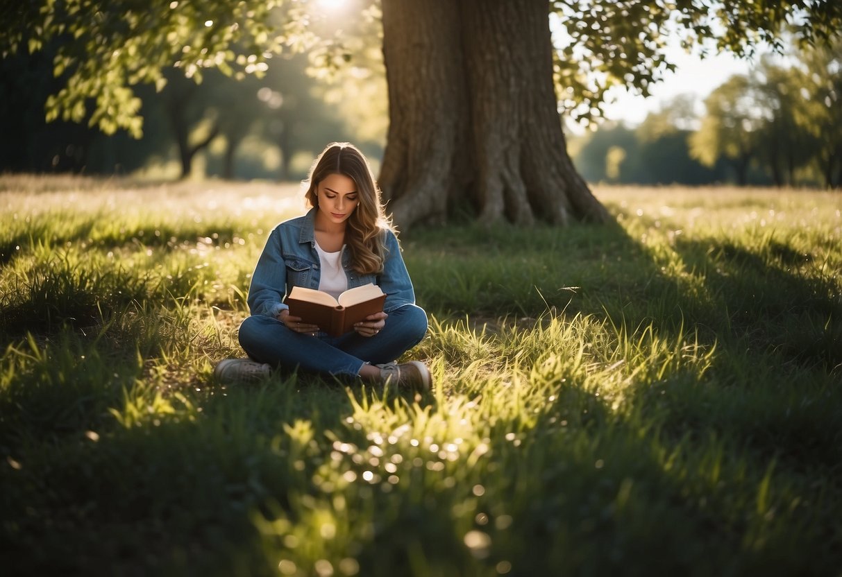 Reading in nature, a person sits under a tree with a book. The sun shines through the leaves, casting dappled shadows on the ground