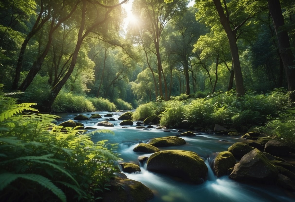 Lush green forest with diverse flora and fauna, a flowing river, and a clear blue sky