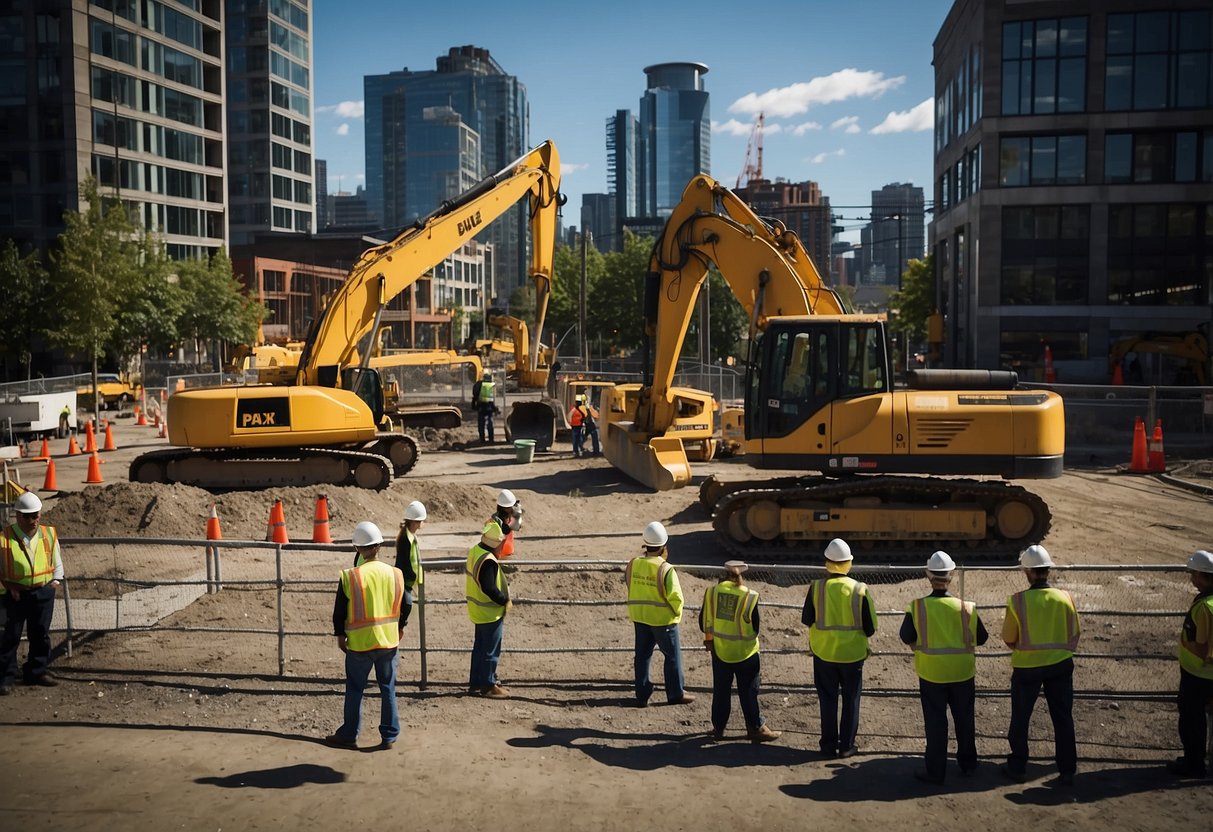 Cranes, hard hats, and fencing surround a bustling construction site in Seattle, WA. Security guards patrol the perimeter while heavy machinery and workers build the city's newest skyscraper