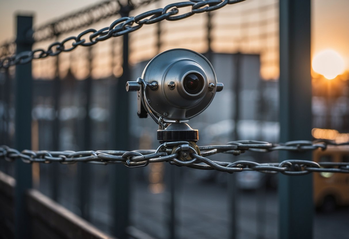 A construction site in Seattle, WA is surrounded by a tall chain-link fence topped with barbed wire. Security cameras are mounted at various points, and a guard booth is stationed at the entrance