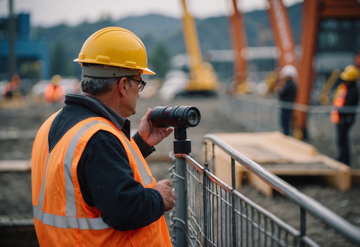 Construction site in Seattle, WA with security measures: fencing, surveillance cameras, and security personnel patrolling