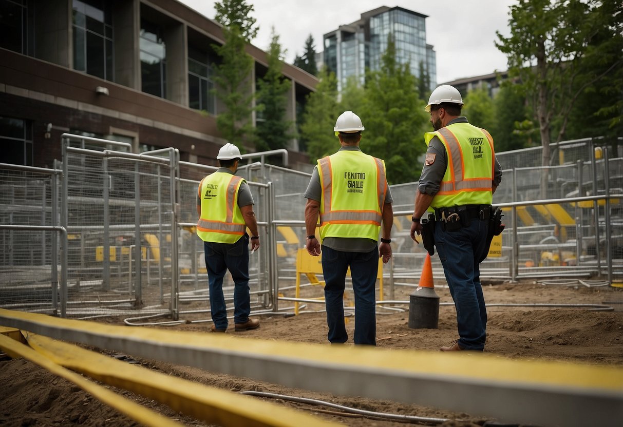 Construction site in Seattle, WA. Security personnel securing equipment and materials. Fences, gates, and surveillance cameras in place