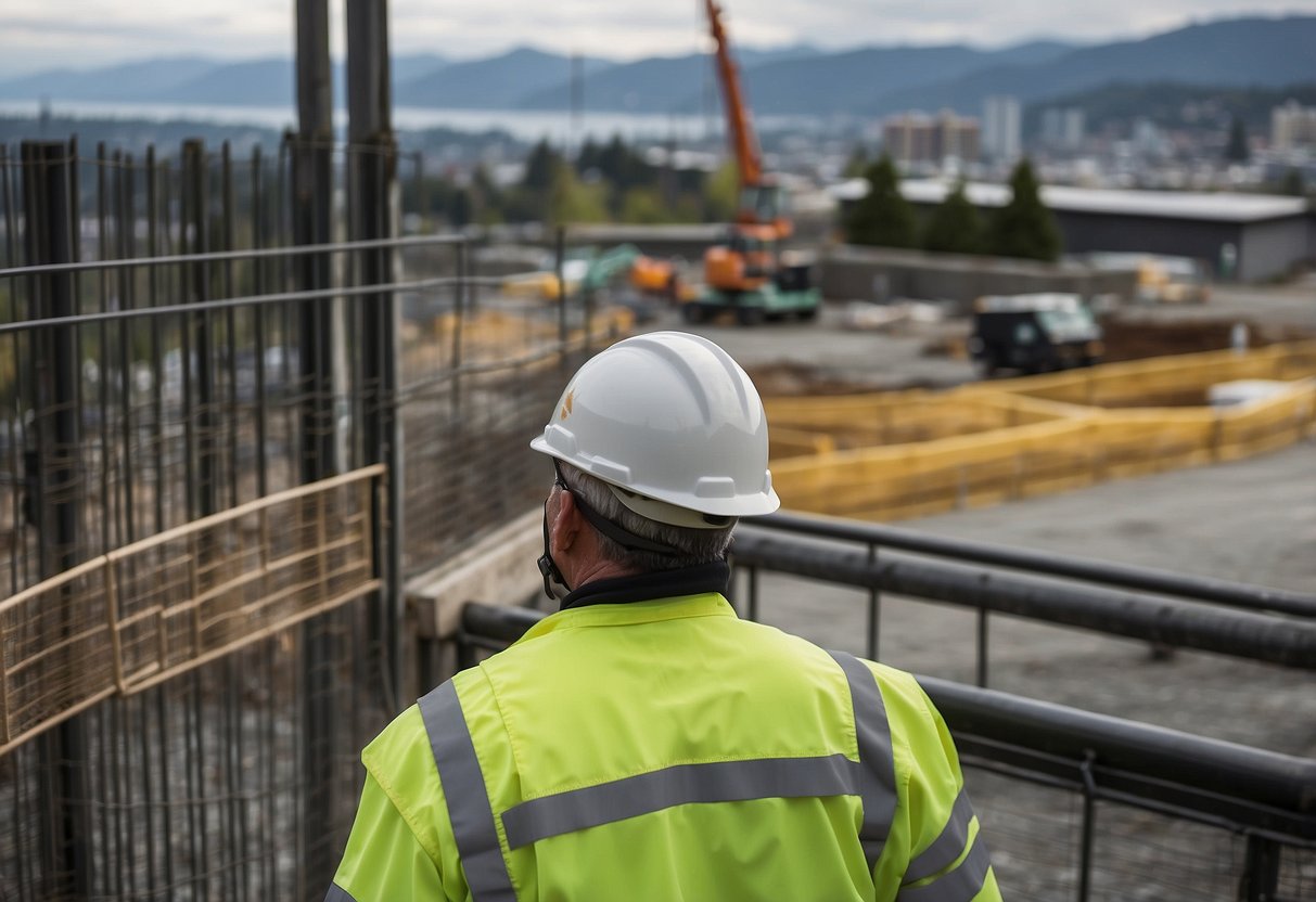 Construction site in Seattle, WA with professional security services. Fencing, gates, and security cameras surround the area. A guard patrols the perimeter