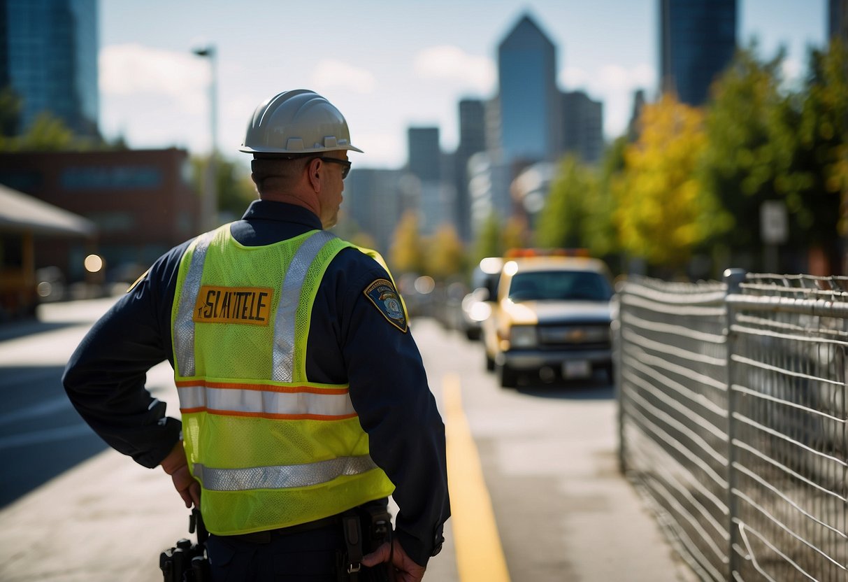 Construction site security in Seattle, WA: A guard patrols fenced perimeter, while surveillance cameras monitor the area. Emergency response equipment is visible