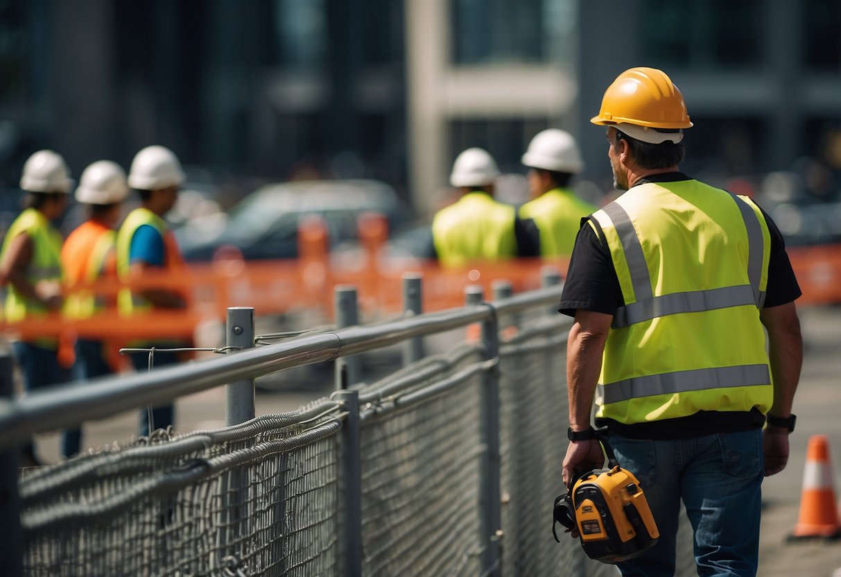 Construction site in Seattle, WA with fences, security cameras, and warning signs. Workers wearing hard hats and safety vests