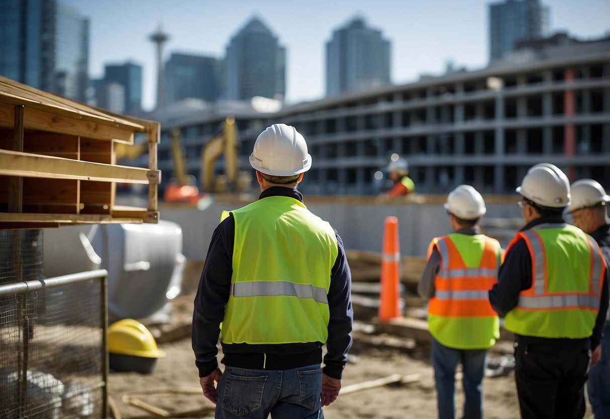 Construction site in Seattle, WA with tailored security measures. Fences, security cameras, and on-site guards provide protection