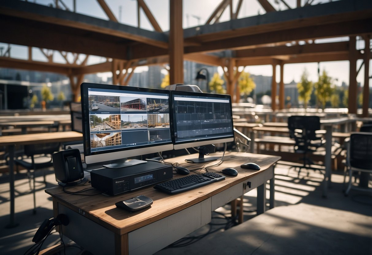 Construction site with high-tech security systems in Seattle, WA. Surveillance cameras, motion sensors, and access control equipment installed around the perimeter