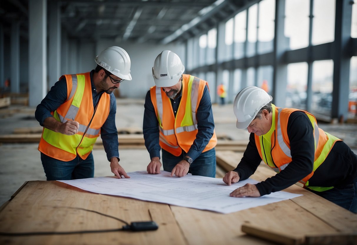 A group of engineers and architects collaborate on blueprints for secure construction sites in Seattle, WA. Security measures and barriers are carefully planned and designed for future development