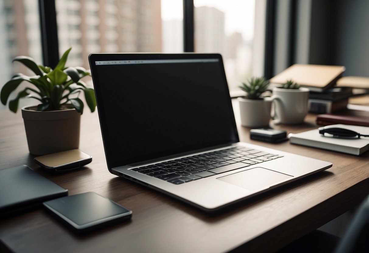 Ein aufgeräumter Schreibtisch mit nur den wichtigsten Dingen. Ein Laptop, ein Notizbuch und ein Stift. Klare Linien, neutrale Farben und aufgeräumter Raum