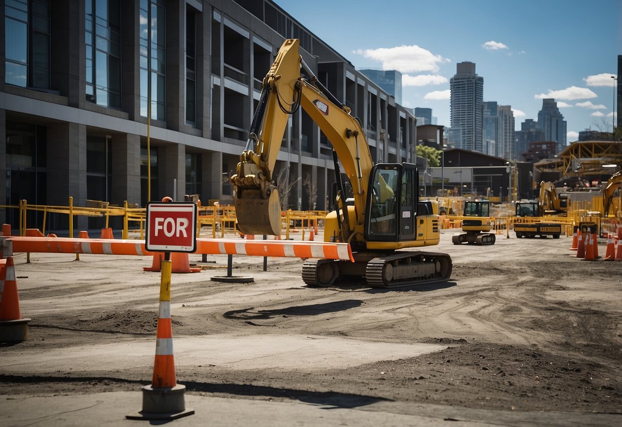 Construction site in Seattle, WA with security measures in place. Signs and barriers indicate restricted access. Workers and machinery are visible