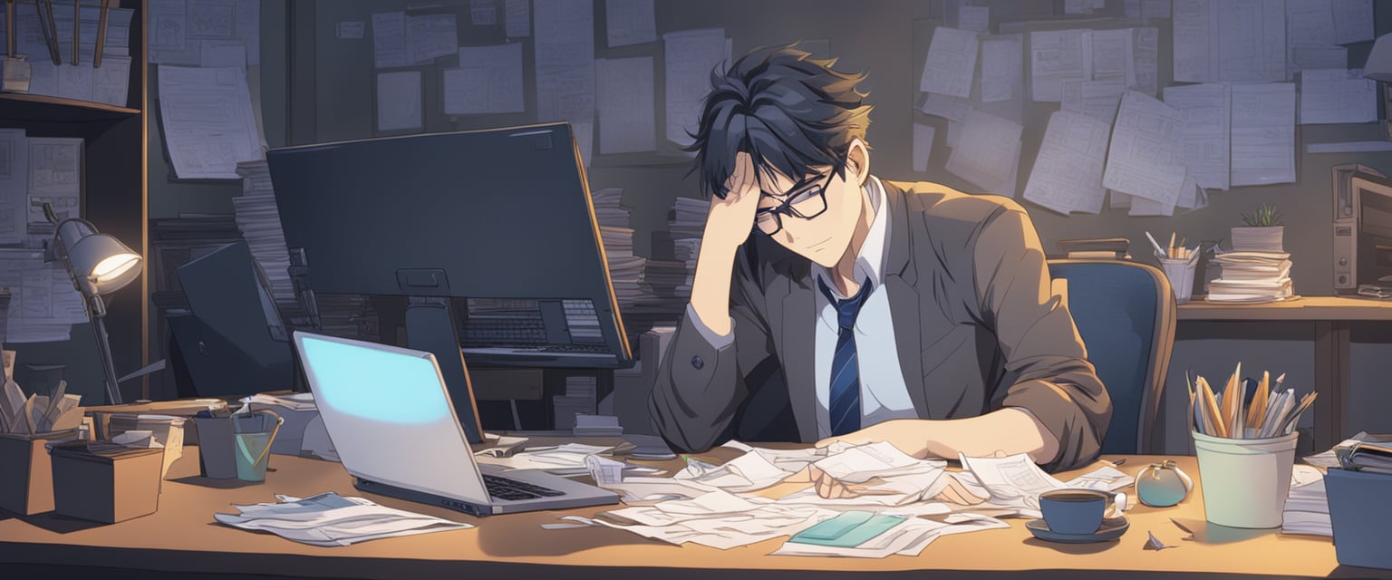 A tired entrepreneur in his thirties slumps over his desk, surrounded by scattered papers and a dimly lit computer screen