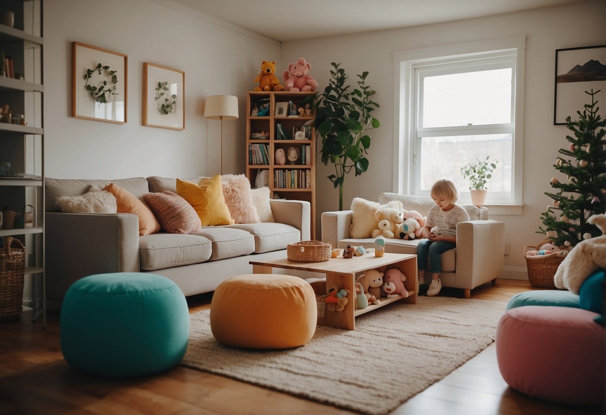 Ein gemütliches Wohnzimmer mit schlichtem, aufgeräumtem Design. Kinderspielzeug ordentlich in Kisten geordnet. Eine Familie, die gemeinsam einer friedlichen Aktivität nachgeht