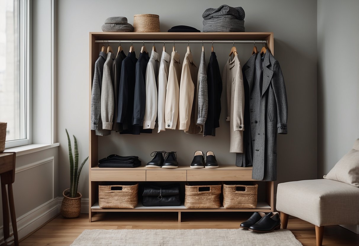 Eine minimalistische Garderobe mit nachhaltigen Kleidungsstücken, ordentlich organisiert in einem einfachen, aufgeräumten Raum