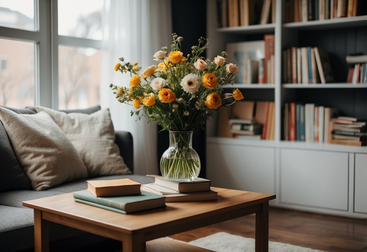 Ein gemütliches Wohnzimmer mit einem einfachen Bücherregal, ein paar beliebten Kinderbüchern und einem kleinen Tisch mit einer Blumenvase