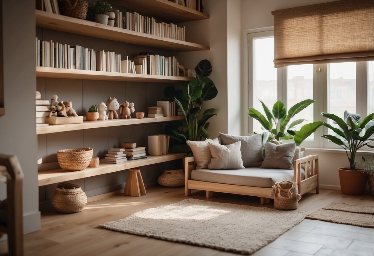 Ein einfacher, aufgeräumter Raum mit natürlichen Materialien: Holz, Baumwolle und Pflanzen. Spielzeug und Bücher sind übersichtlich in offenen Regalen untergebracht. Eine gemütliche Leseecke mit Bodenkissen und einem niedrigen Holztisch