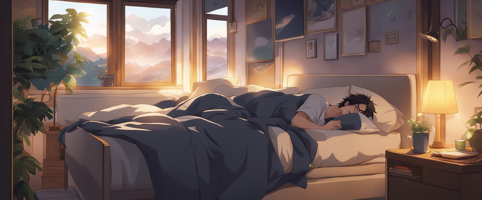 A man sleeps peacefully in a cozy bed, surrounded by soft pillows and a warm blanket. The room is dimly lit, creating a serene and calming atmosphere