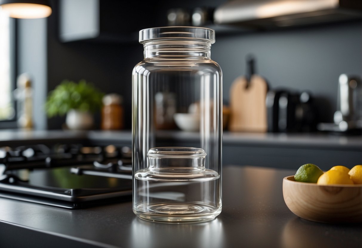 Auf einer sauberen, minimalistischen Küchentheke steht ein Vorratsbehälter aus Glas. 30 ähnliche Container stehen übersichtlich in der Nähe