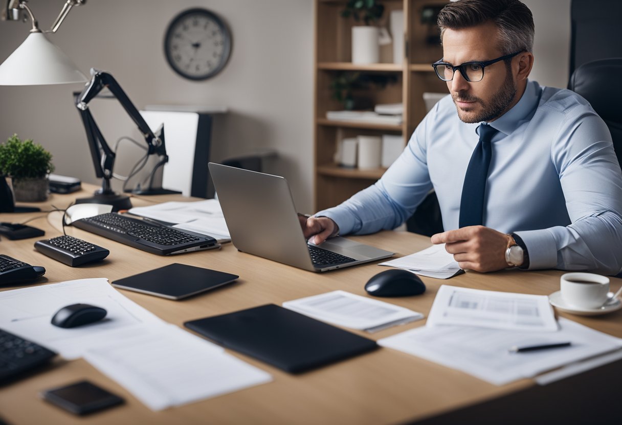 A real estate agent makes cold calls, surrounded by a cluttered desk, phone, computer, and list of potential leads