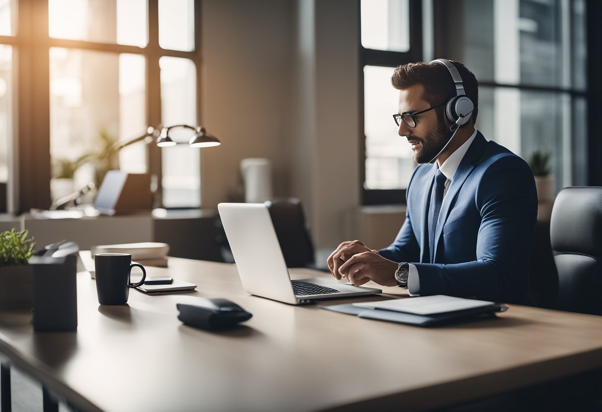 A real estate agent using AI to make cold calls, sitting at a desk with a computer and phone