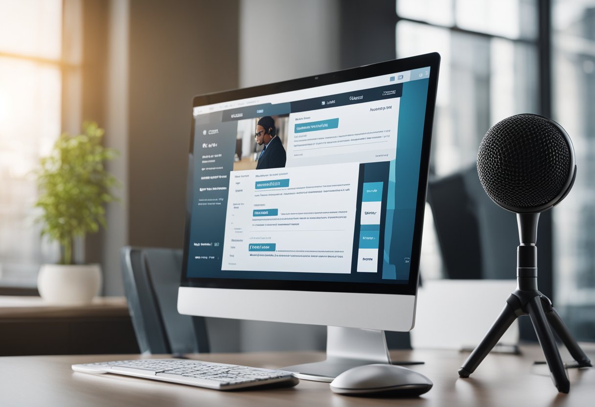 AI Cold Calling in Real Estate: A computer screen displaying a table with columns for contact information, call outcomes, and follow-up actions. A headset and microphone sit nearby, ready for use