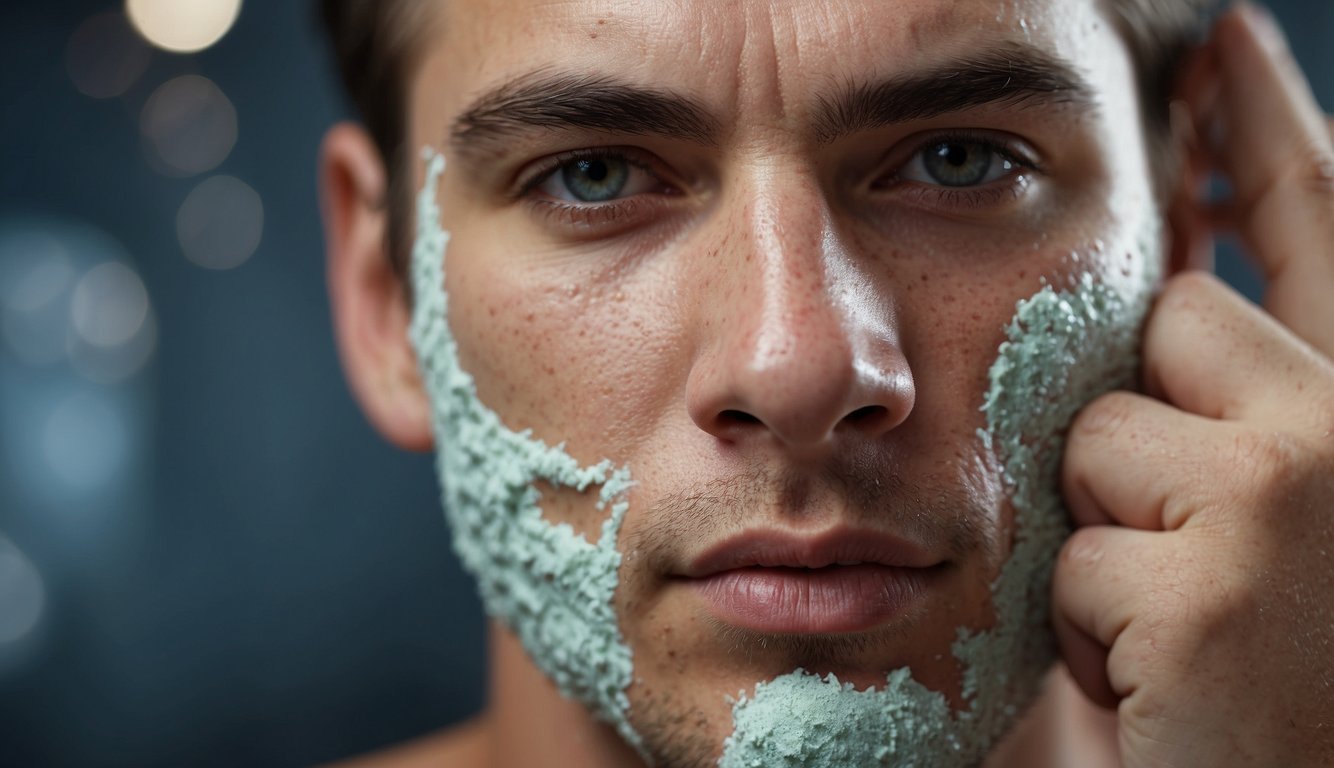 A man's face with a peeling facial scrub, revealing fresher skin