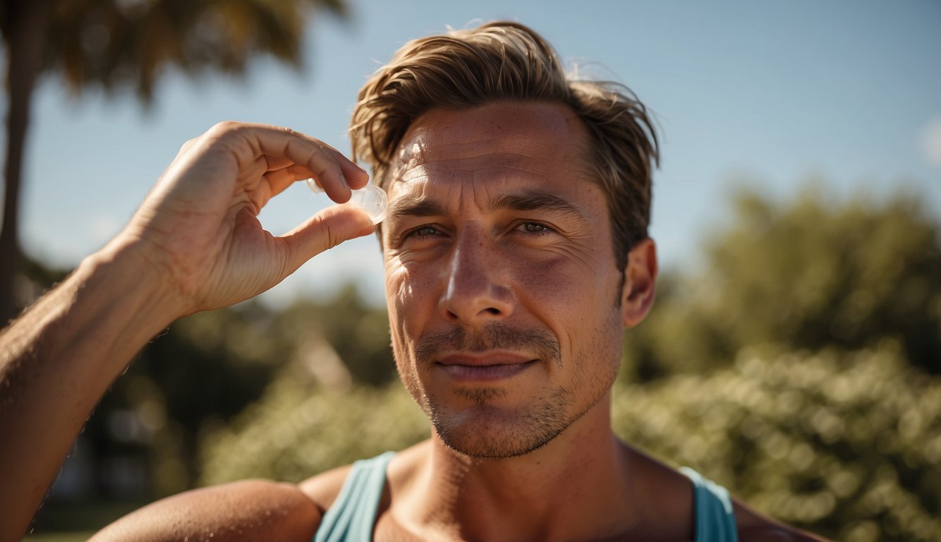 A man applies sunscreen to his face, shielding it from the sun's harmful rays