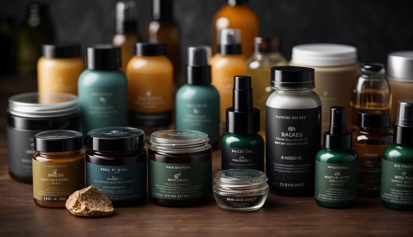 A table filled with best-selling men's face masks and skincare products. Bold, masculine packaging and a variety of textures and colors