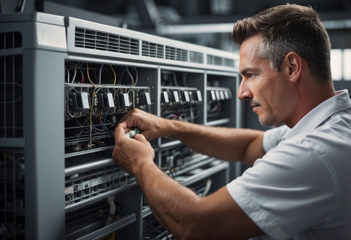 A technician performing routine maintenance on a HVAC system, checking filters, cleaning components, and ensuring optimal functionality