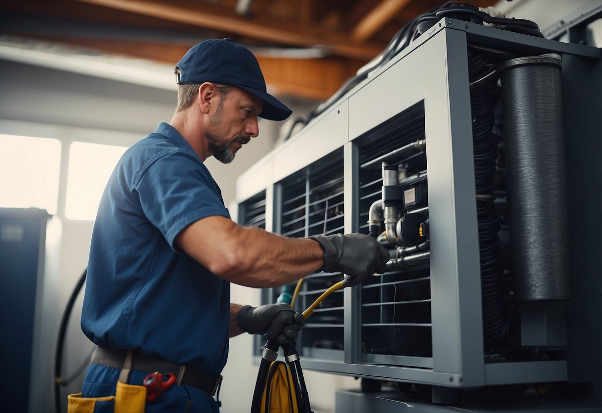 A technician performing maintenance on an HVAC system, cleaning coils and checking filters for energy efficiency and cost savings