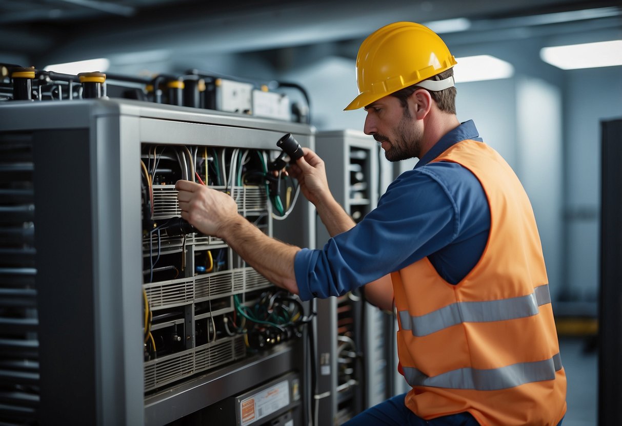 A technician inspecting and cleaning HVAC system components, checking for leaks, and optimizing settings for energy efficiency and cost savings