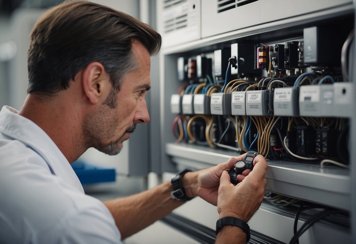 An HVAC technician inspecting and servicing a commercial HVAC system, checking filters, cleaning coils, and calibrating thermostats for energy efficiency and cost savings