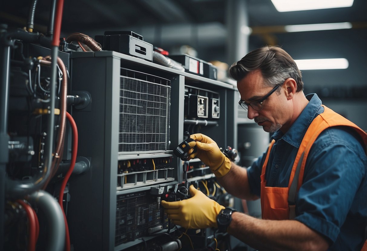 HVAC technician performing maintenance on equipment, cleaning coils, checking filters, and inspecting components for wear and tear