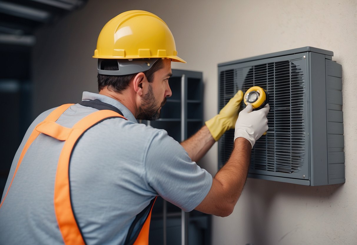 HVAC technician inspecting and cleaning air ducts and filters. Testing air quality and adjusting system for optimal performance