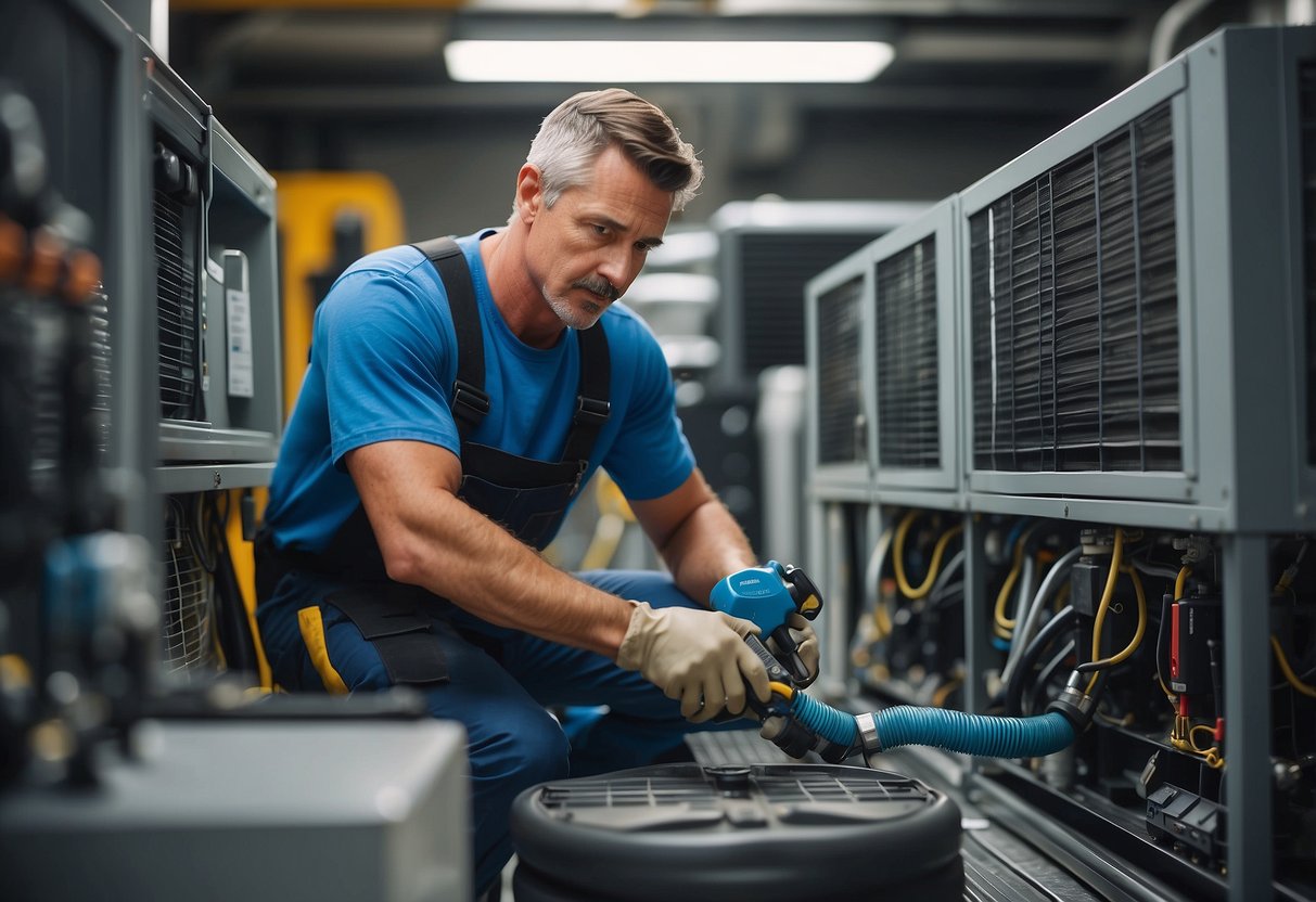 A technician inspecting and cleaning HVAC equipment in a well-lit, organized mechanical room. Tools and equipment neatly arranged, with a focus on air filters and system components