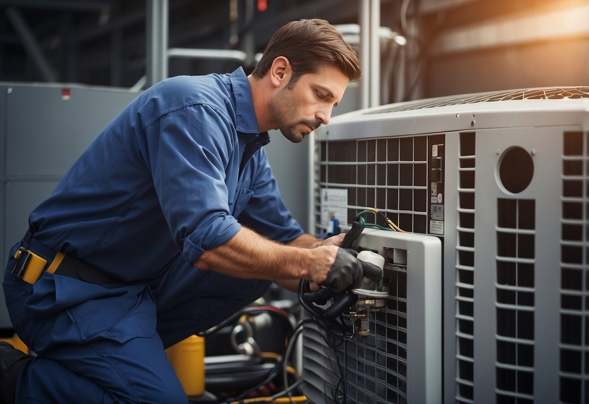 A technician maintaining an HVAC system, improving comfort and efficiency. Clean filters and well-lubricated parts ensure economic and environmental benefits