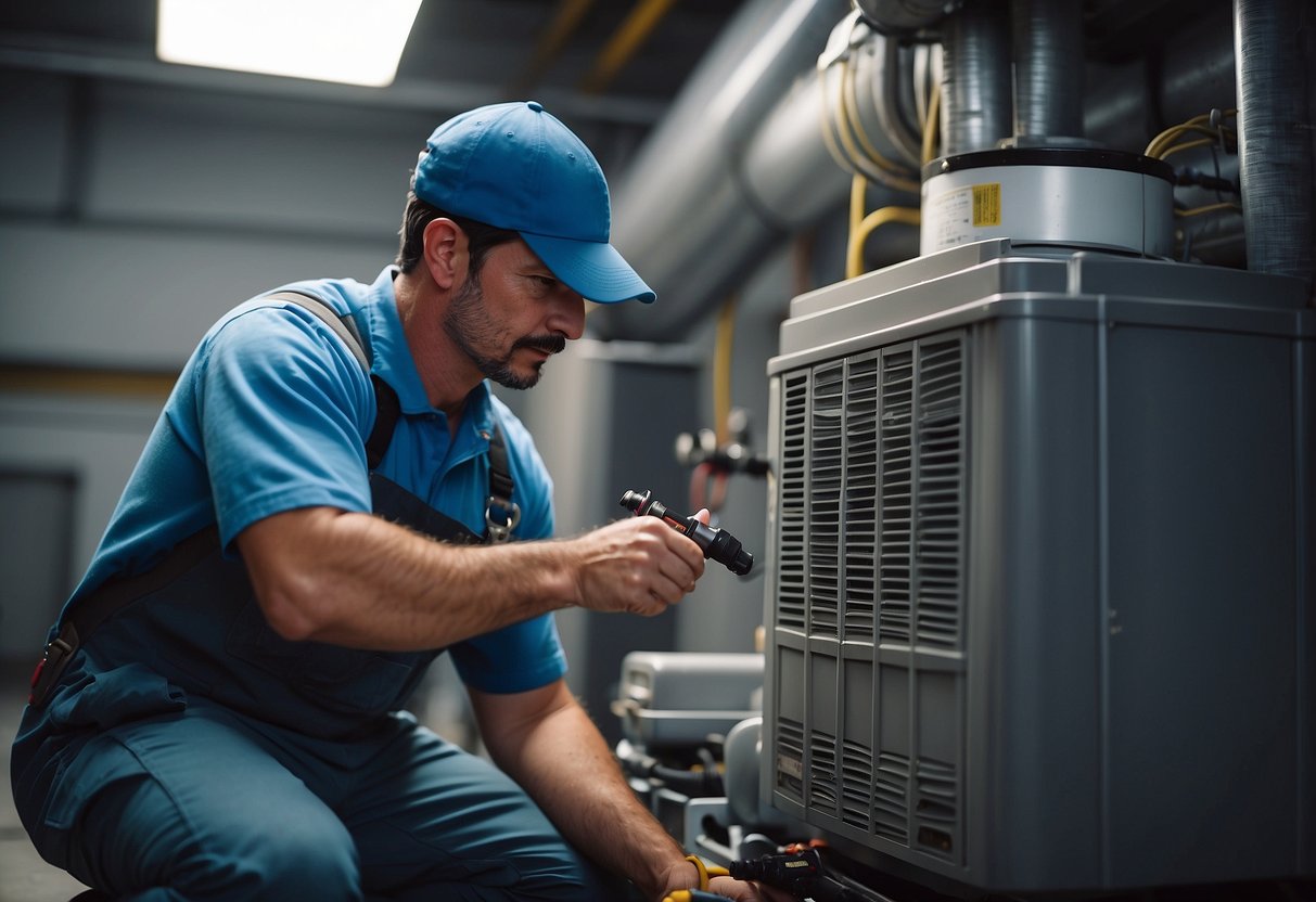 An HVAC technician conducting routine maintenance on a heating and cooling system, inspecting filters, cleaning coils, and checking for any potential issues