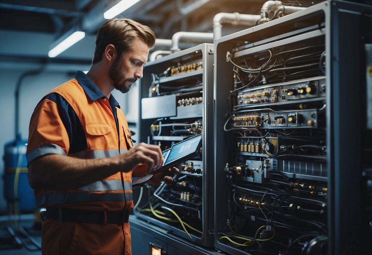 A technician inspecting and servicing HVAC equipment to prevent costly repairs. Checking filters, cleaning coils, and testing system functionality