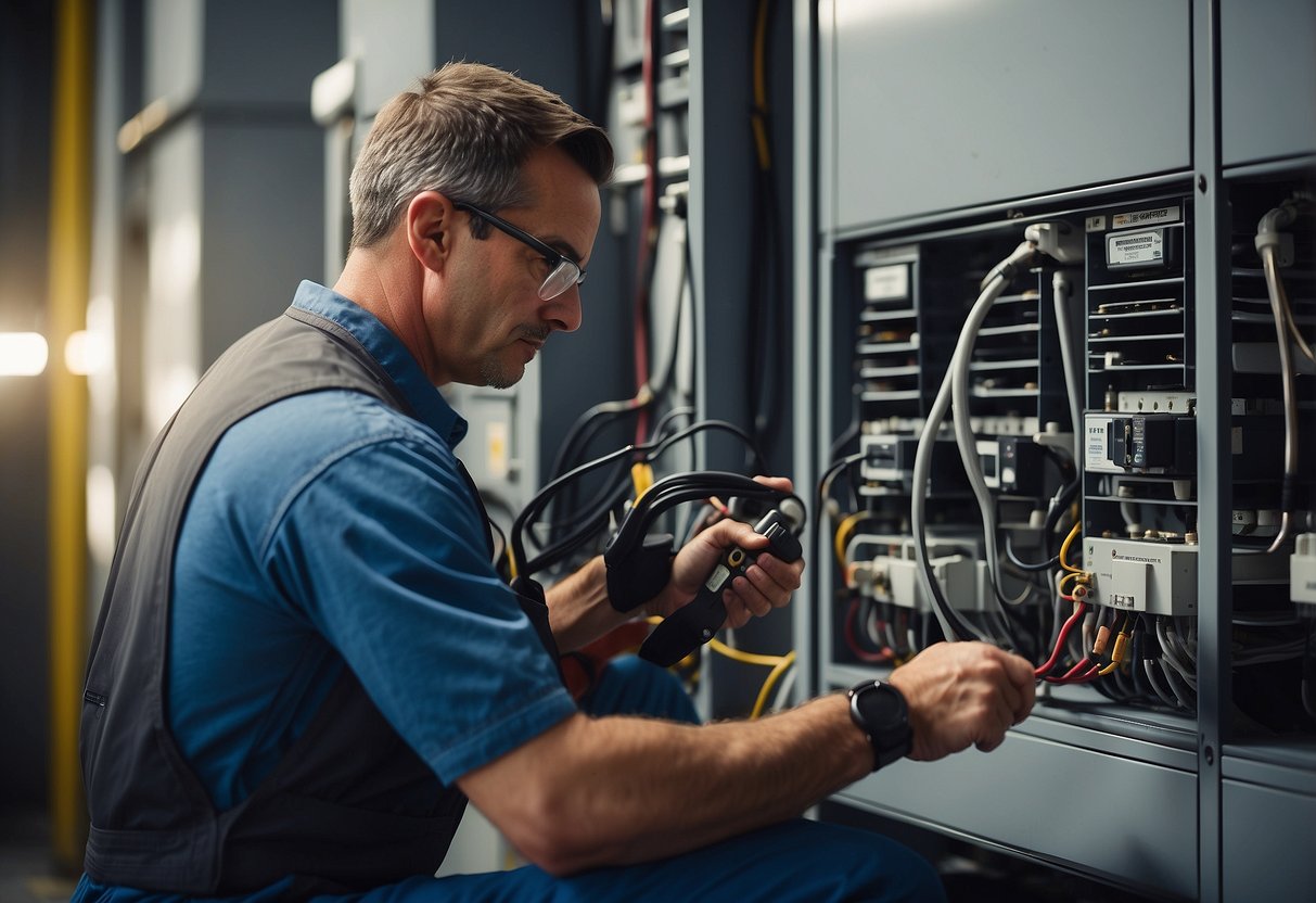 An HVAC technician performing routine maintenance on a commercial HVAC system, inspecting and servicing components according to manufacturer's warranty requirements